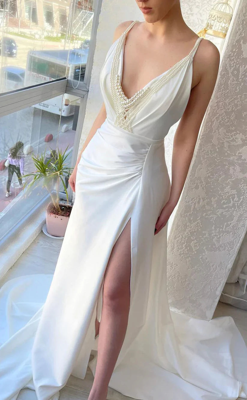 Ivory V-neck Pearl Bodycon Satin Prom Dresses With Side Slit