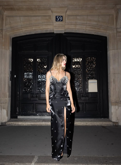 Sexy Sheath V Neck Pearl Black Satin Long Prom Dress Evening Dress with Slit SH2113