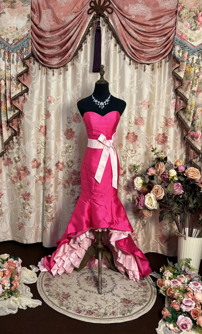Vintage Pink Mermaid Sweetheart Neck Bow Satin Long Sweep Prom Dress Evening Dress SH3702