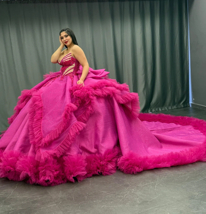 Princess Hot Pink Quinceanera Dresses Beaded Appliques Tulle Sweet 16 Party Prom Ball Gown SH3271