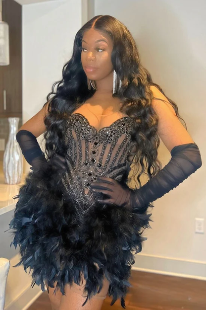 Luxury Feather Beaded Sweetheart Neckline Mini Cocktail Dress Pink Short Party Dress Homecoming Dress S690