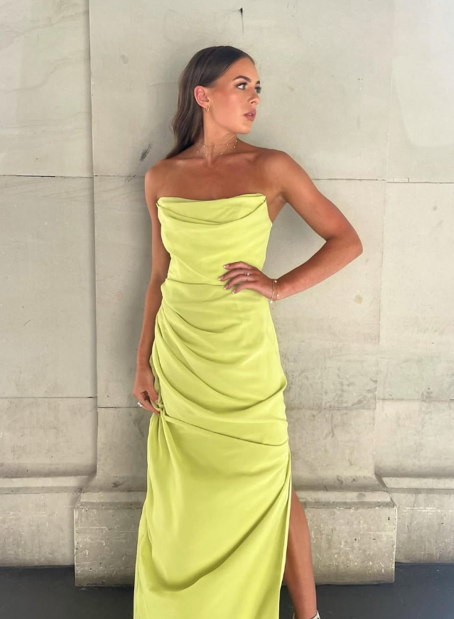 Simple Sheath Strapless Corset Green Chiffon Prom Dress Evening Dress with Slit SH2031