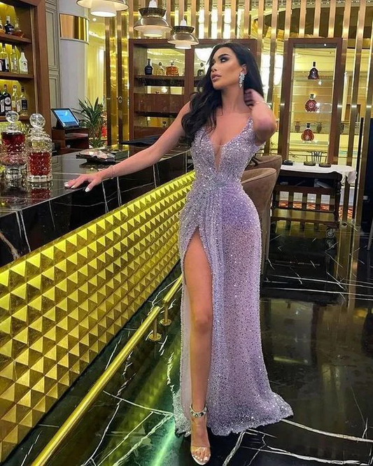 Purple Long Sequin Prom Dress Slit Evening Dress SH1183