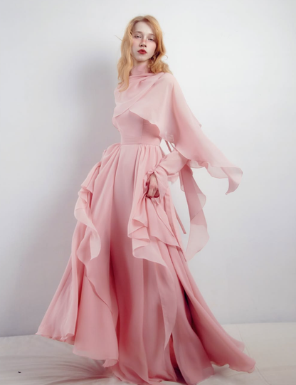 Pink A Line Straps Chiffon Slit Long Prom Dress Evening Dress with Cape SH3320