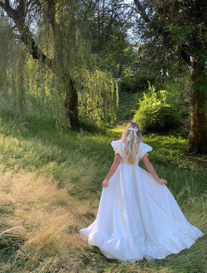 Cute A Line Puff Sleeves White Satin Long Prom Dress Birthday Dress with Slit SH2073