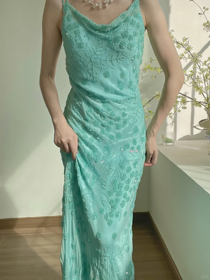 Exquisite Blue Sheath Spaghetti Strap Floral Beaded Chiffon Long Prom Dress Formal Dress SH3867