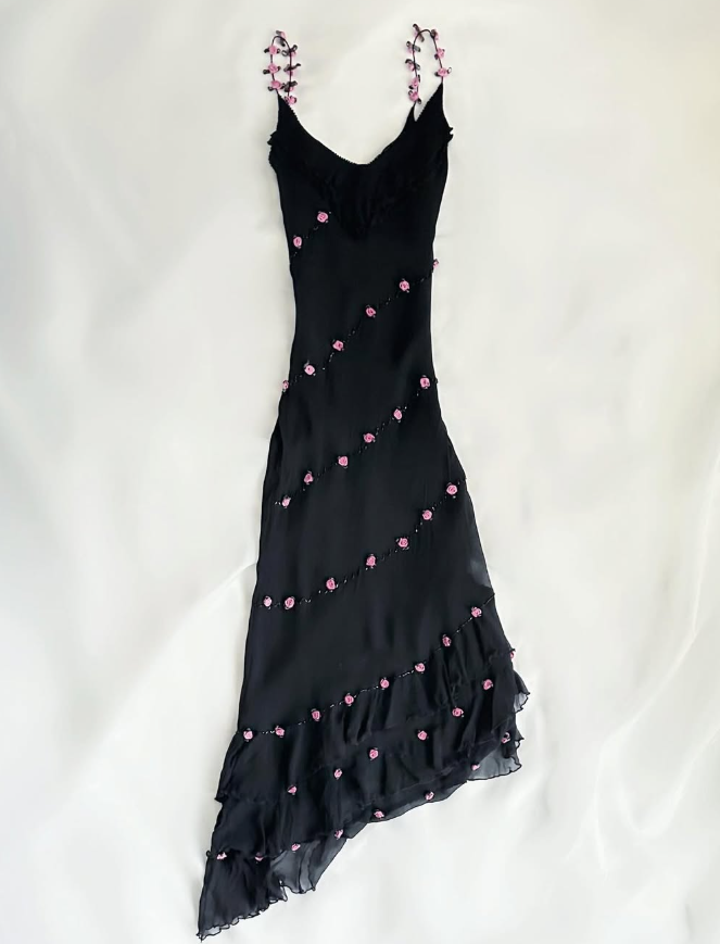 Vintage Blue Floral Black Beaded Ruffles Chiffon Prom Dress Evening Party Gowns SH3537