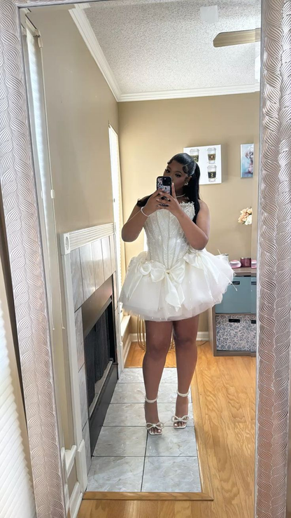 White Strapless A-Line Tulle Birthday Outfits Short Party Dress Classy  Graduation Homecoming Dress S498