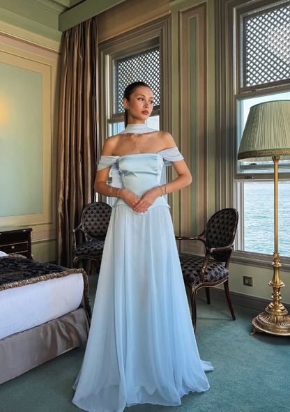 Elegant Baby Blue A Line Off the Shoulder Chiffon Satin Prom Dress Evening Dress Formal Dress SH3745