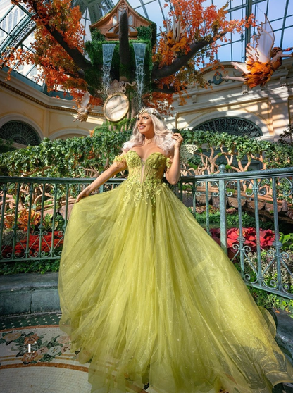 Fairy A Line Off the Shoulder Corset Appliques Green Tulle Prom Dress Evening Dress SH2180