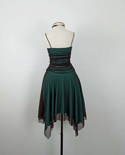Retro A Line Spaghetti Strap Pleated Black Chiffon Green Satin Homecoming Dress SH3166