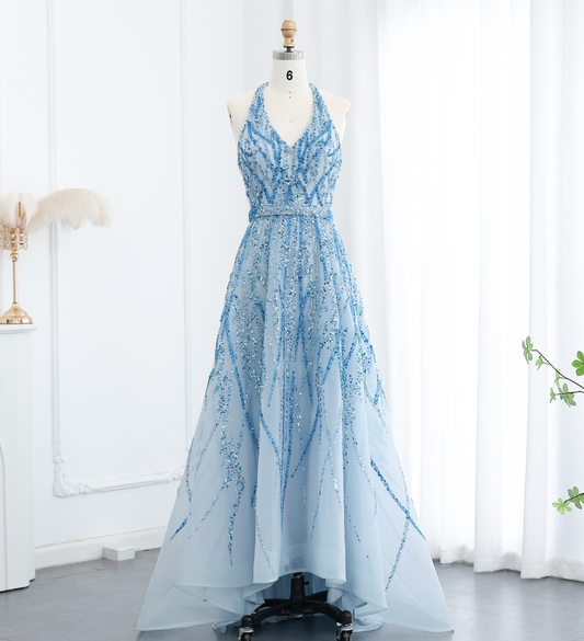 Blue A Line V Neck Sequin Beaded Tulle Long Prom Dress Evening Dress SH2375