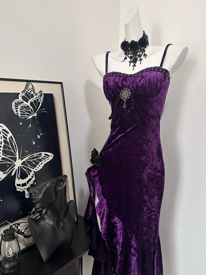 Pretty Spaghetti Straps Purple Velvet Ruffle Party Dress Birthday Evening Dress S633