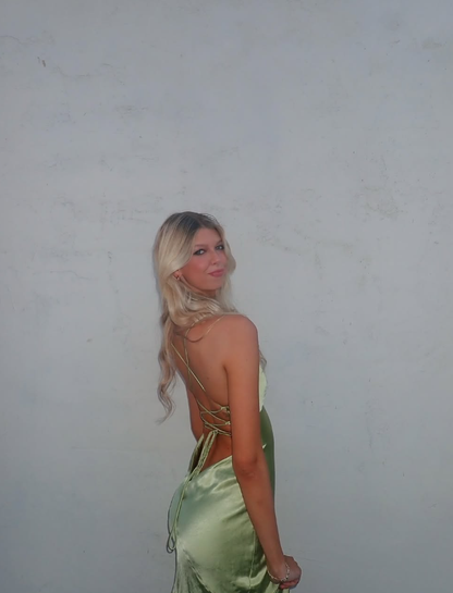 Green Simple A Line Spaghetti Straps Satin Open Back Prom Dress Evening Dress with Slit SH3784