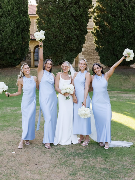 Elegant Sheath Halter Baby Blue Satin Bridesmaid Dress Evening Dress SH3198