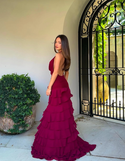 Sexy A Line Halter Tiered Burgundy Chiffon Prom Dress Evening Dress with Slit SH2635