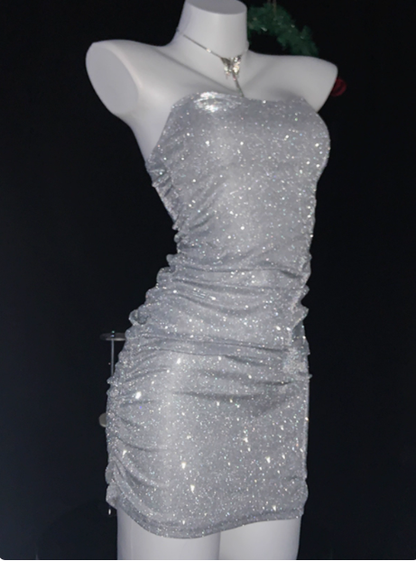 Glitter Silver Strapless Sheath Short Cocktail Dress Homecoming Dress S674