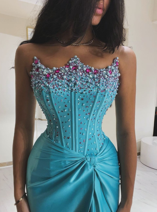 Gorgeous Sheath Strapless Pearl Beaded Blue Satin Prom Dress Evening Dress with Slit SH2275