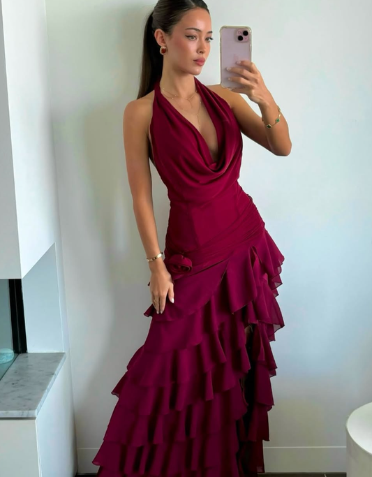 Sexy A Line Halter Tiered Burgundy Chiffon Prom Dress Evening Dress with Slit SH2635