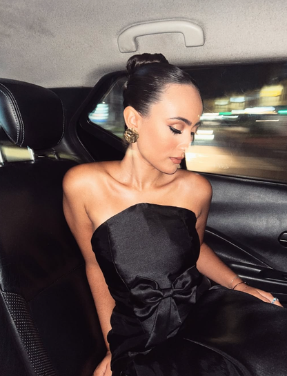 Unique Mermaid Strapless Black Tulle Satin Long Prom Dress Evening Dress with Bow SH2266