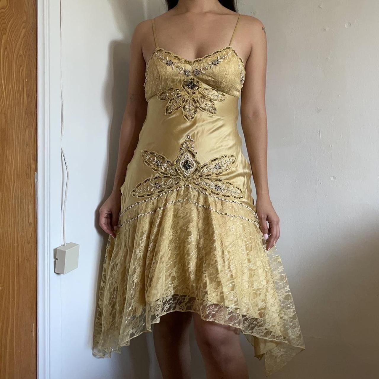 Vintage Gold Satin Lace Beaded Cocktail Dress Spaghetti Straps Homecoming Dress Birthday Outfits S353