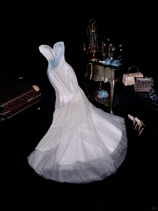 Vintage Mermaid Sweetheart Neck Beaded Layered Chiffon Tulle Long Prom Dress Evening Dress SH3080