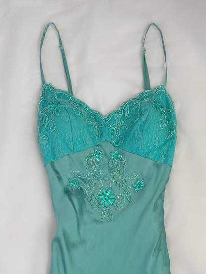 Blue Retro A Line Spaghetti Straps Beaded Lace Satin Homecoming Dress Cocktail Dress SH3546