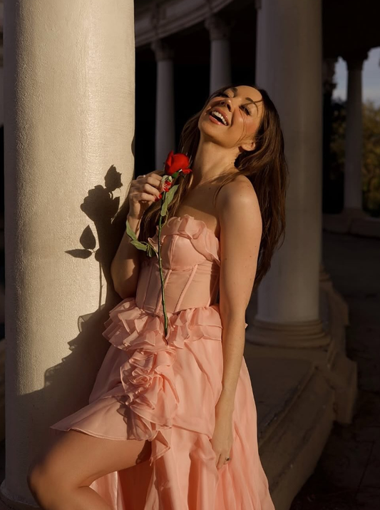 Princess A Line Sweetheart Neck Ruffle Light Pink Tulle Prom Dress Evening Dress with Slit SH2196