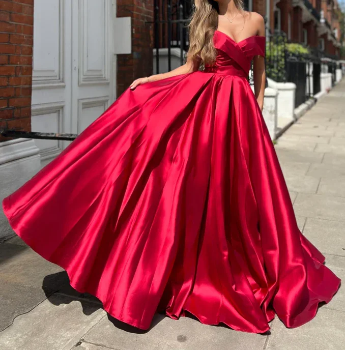 Off The Shoulder A-Line Satin Long Evening Prom Dresses