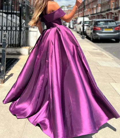 Off The Shoulder A-Line Satin Long Evening Prom Dresses