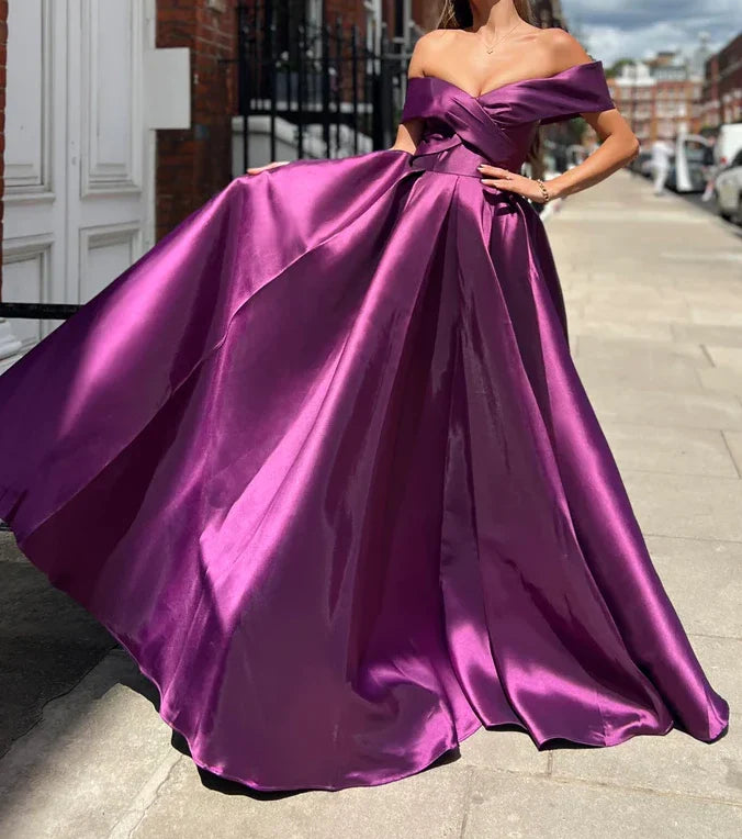 Off The Shoulder A-Line Satin Long Evening Prom Dresses