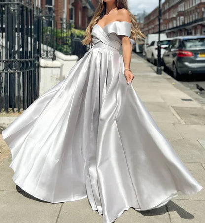 Off The Shoulder A-Line Satin Long Evening Prom Dresses