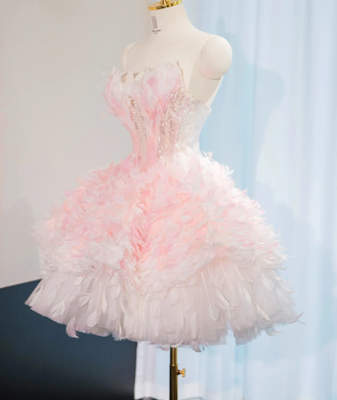 Sweet Pink Princess Tulle Feathers Short Birthday Dress Homecoming Dress S302
