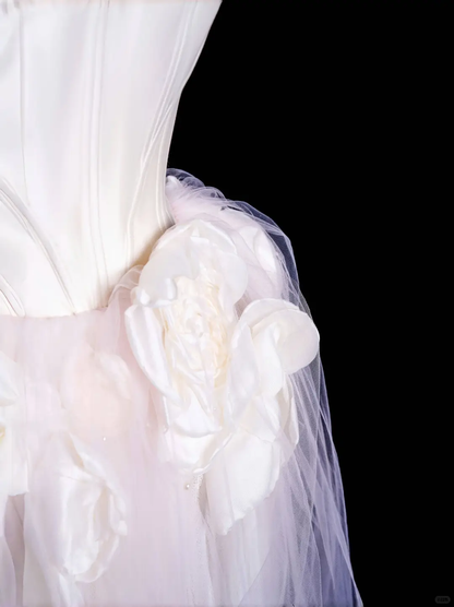 Classy White Satin Pink Tulle Strapless Birthday Dress Wedding Party Dress S479