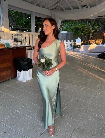 Pretty Sheath One Shoulder Green Satin Bridesmaid Dress Evening Dress with Slit SH3203