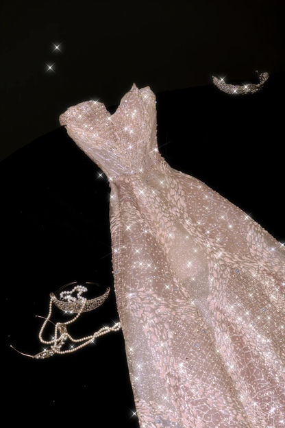 Light Champagne A Line Sweetheart Neck Sequin Tulle Prom Dress Party Dress SH3396