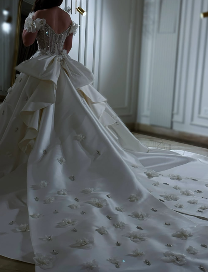 Gorgeous Exquisite A Line Off the Shoulder Flower Rhinestone White Satin Long Wedding Dress Date Dress SH3466