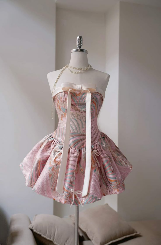 Vintage Strapless Satin Print Floral A Line Vacation Dress Pink Short Birthday Dress S843