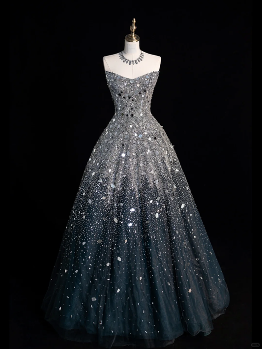 Gorgeous A Line Sweetheart Neck Beaded Sequin Black Tulle Long Prom Dress Evening Dress SH2559