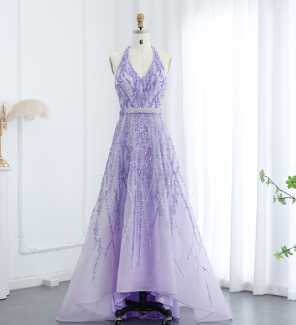 Lilac A Line V Neck Sequin Beaded Tulle Long Prom Dress Evening Dress SH2374