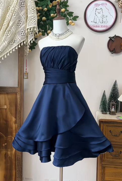 Simple Strapless Navy Blue Satin A Line Homecoming Dress Short Party Dress  S457