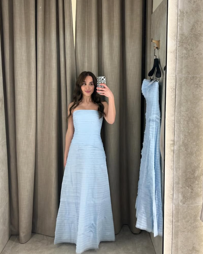 Elegant A Line Strapless Tiered Sky Blue Tulle Prom Dress Evening Dress SH1987