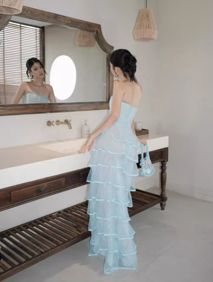 Baby Blue Sheath Strapless Layered Lace Tulle Prom Dress Evening Dress SH3112