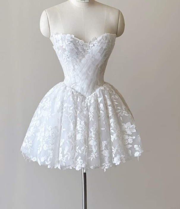 White Strapless Lace A Line Birthday Dress Short Prom Dress S228
