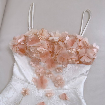 Beautiful White Satin Print Floral 3D Flower Homecoming Dress Birthday Dress S438