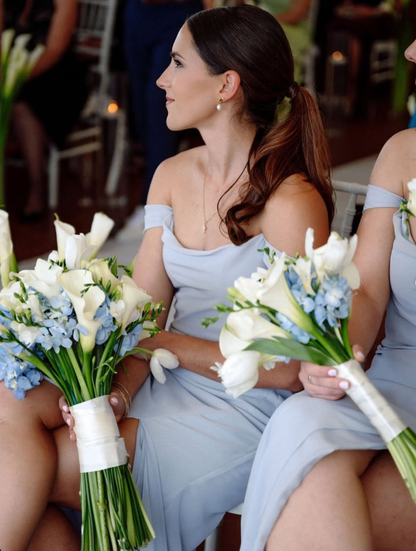 Gentle Sheath Off the Shoulder Blue Chiffon Long Prom Dress Bridesmaid Dress with Slit SH2615