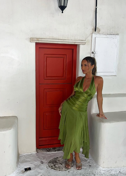 Elegant A Line Halter Green Satin Chiffon Open Back Prom Dress Evening Dress SH2551