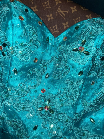 Vintage A Line Sweetheart Neck Blue Ruffle Beaded Organza Prom Dress Party Dress SH3072