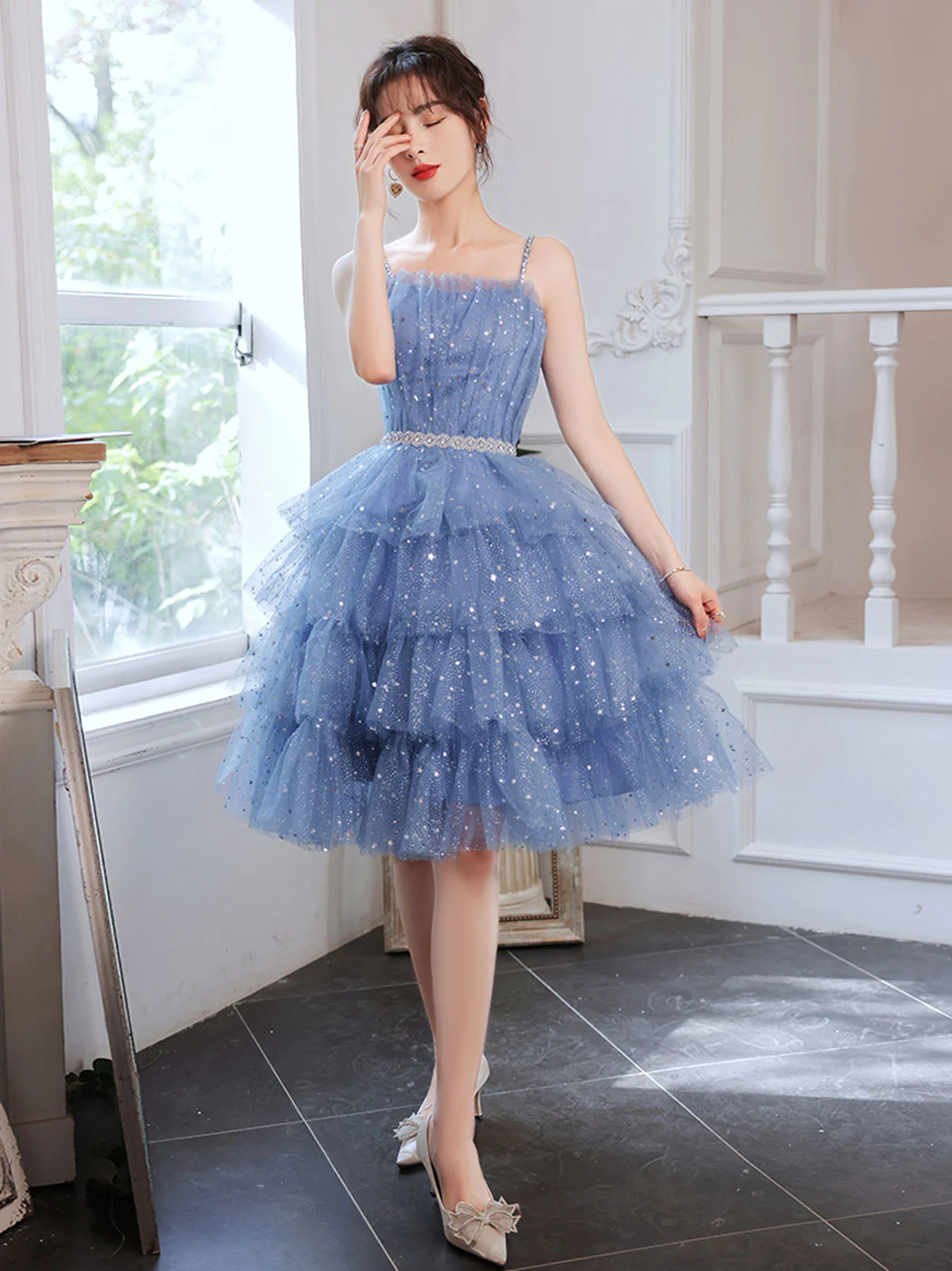 Shiny Short Puffy Blue Prom Dress A-Line Puffy Homecoming Dress SH573
