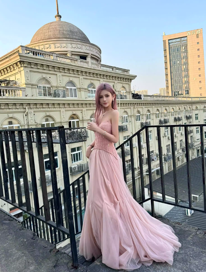 Pink Princess A Line Sweetheart Neck Tulle Lace Long Prom Dress Party Dress Birthday Dress SH3755